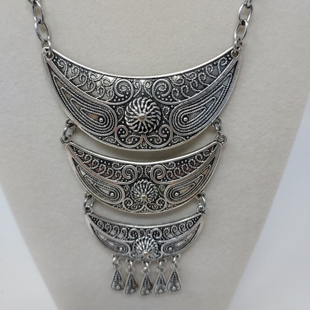 Aged Silver Tone Necklace Curved Tribal Ethnic Boho Hippie Casual 25" Drop
